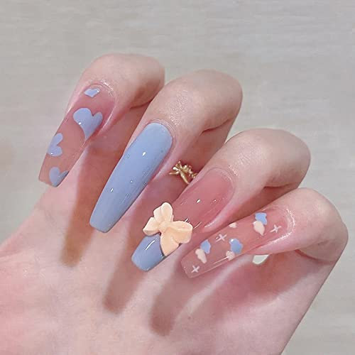 24PCS Long False Nails with Glue Stickers, Ballerina Full Cover Acrylic and Press on Nails no Glue,Blue Butterfly French Fake Nails Stick for Women and Girls Nail Art