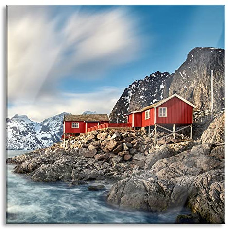 Pixxprint Glasbild, Wandbild auf Echtglas, Einsames rotes Haus am Meer in Norwegen, 70x70 cm, inkl. Aufhängung und Abstandshalter