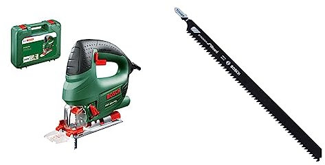 Bosch Stichsäge PST 800 PEL (530 Watt, im Koffer) + 3 x Stichsägeblatt T 1044 DP Precision for Wood (für weiches Holz, dickes Werkstück, Zubehör Stichsäge)