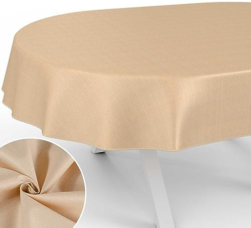 Stoff Tischdecke Textil Tischwäsche Tischtuch Baumwolle Polyester abwaschbar Uni Ornament Damast Jacquard Gewebe waschbar Beige Oval 280x140cm mit Saum (Eingefasst)