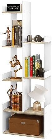 EUGAD Libreria Verticale Autoportante, Libreria Angolare ad Albero, Porta Libri con 7 Ripiani e 1 Scomparto Aperto, in Truciolare, Bianco e Rovere Chiaro, 49x25x146cm