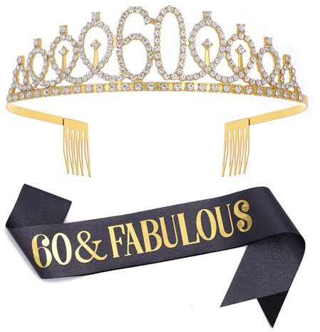 60 & Fabulous Schärpe & Strass Tiara Set Schwarz Gold 60 Geburtstag Geschenke für Frauen Geburtstag Schärpe Tiara für Frauen 60 Geburtstag Party Dekoration (Schwarz 60th), Large, Metall, Konglomerat