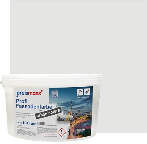 Preismaxx Profi Fassadenfarbe urban colors, bunte Außenfarbe, grau, silbergrau, silver grey 10L, matte, wasserabweisende Aussen-Dispersion, hohe Wasserdampfdurchlässigkeit