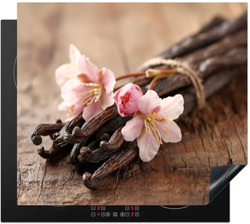 KitchenYeah© Protege Couvre Plaque De Cuisson Décoration Cuisine Tapis Protection Protecteur Induction 59x52 cm Vanille - Fleurs - Gousses de vanille - Bois - Rose