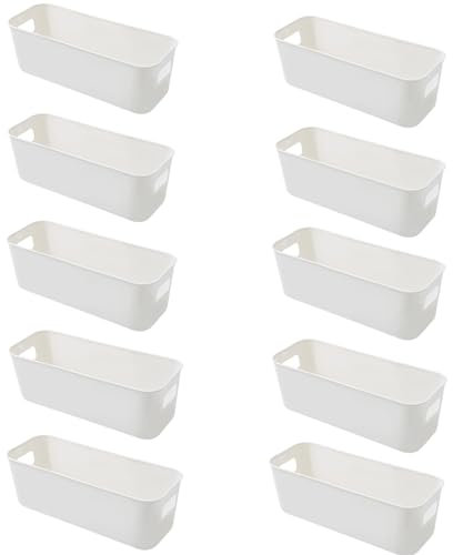 SOCOHOME Plastic Storage Box,Plastic Storage Basket with Handles,Plastic Organizer for Bathroom Shelf Kitchen Cabinet Socks(10-Pack,White)