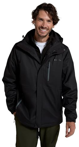 Mountain Warehouse Bracken Extreme Mens 3 in 1 Waterproof Jacket – Adjustable Mens Coat, Warm Rain Jacket, Headphone Compatible Outerwear – For Camping, Walking Jet Black M