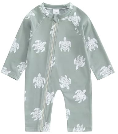 WERNZATT Toddler Boys Swimsuit Infant Sun Protection Rash Guard Wetsuit Zipper One Piece Short Sleeve Beach Bathing Suits Swimwear (Long Sleeve Army Green Turtle, 12-18 Months)
