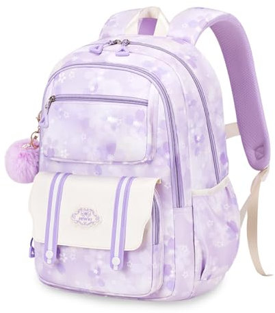 FANDARE Kinderrucksack Cloud-Schulranzen Schulrucksack für Mädchen Schulranzen mit süßem Abzeichen Teenager Schultasche Rucksack Büchertaschen Tagesrucksack Leichter Rucksack Schule Daypacks Lila