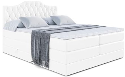 ALTDECOR Boxspringbett mit Matratze und Lattenrost, Topper, Polsterbett mit Bettkasten, Bett mit Stauraum H3- und H4- Matratze, Doppelbett, Springboxbett - Vila-1 King - 140x200 - Weiß Kunstleder