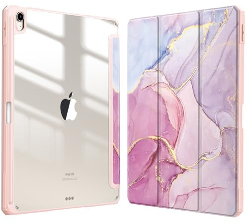 Fintie Funda Híbrida para iPad Air de 13 Pulgadas (M3) 2025 / (M2) 2024, [Soporte para lápices Integrado] a Prueba de Golpes con Carcasa Trasera Transparente,Mármol Dorado Rosa