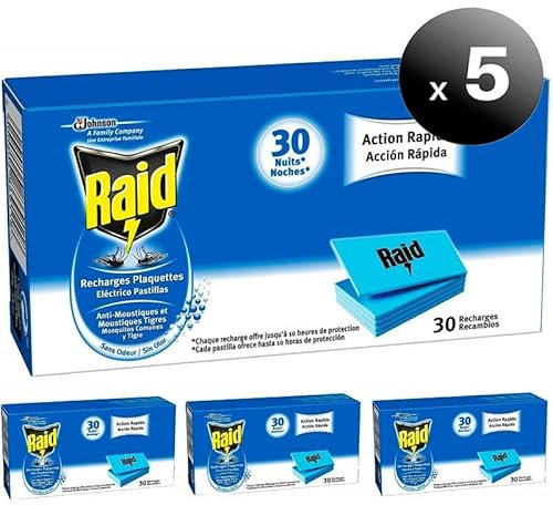 Pack de 150 Pastillas. Raid de SC Johnson, Recambio Difusor Eléctrico Anti Mosquitos Comunes y Tigre, Acción Rápida