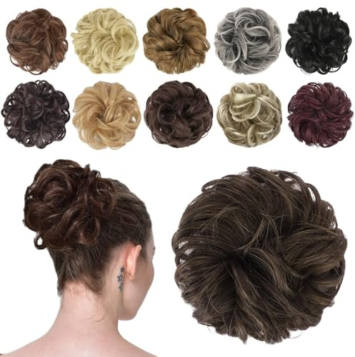 FESHFEN Haarteil Mit Gummiband, Braun Dutt Haarteil Haargummi Mit Haaren Gelockt Haardutt Synthetisch Haar Haarverlängerung Pferdeschwanz Haarteile für Damen, Schokobraun Gemischt Dunkelbraun 42g