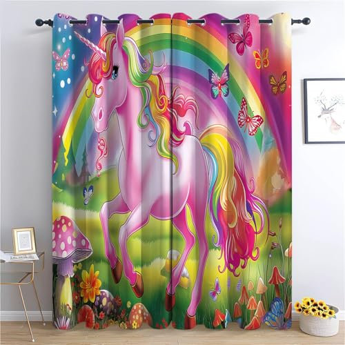 CozyRest Verdunklungsvorhänge Gardinen mit Ösen Blickdichte Vorhänge Lärmschutzvorhang für Kinderzimmer Thermo Gardinen mit Regenbogenfarbenes Langhaariges Einhorn Muster, 160 x 70 cm (HxB), 2er Set