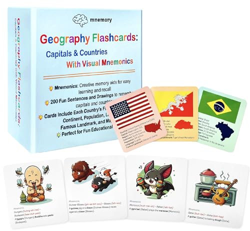 200 Geography Flash Cards for Kids & Adults | Learn Countries & Capitals with Fun Memory Tricks, Games & Illustrations | Includes Country Flags & Fun Facts