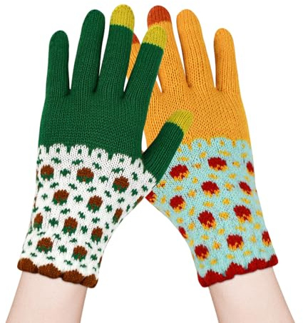 Feelorna Damen Winterhandschuhe, Winter Warm Touchscreen Handschuhe Elastische Strickhandschuhe, Nette Blumen Muster Texting Thermohandschuhe für das Arbeiten Radfahren Laufen