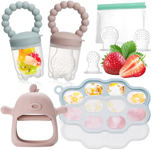 COZCLAM Chupete Fruta Bebe, Malla Fruta Bebe de Silicona - 2 Mordedor Fruta Bebe & 3 Tetinas, Recipiente para comida de bebé, Mordedor para Bebés | para Bebés de 3-24 Meses | Sin BPA (Azul & Rosa)