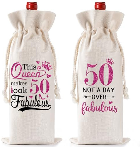 50th Birthday Gift for Women - Birthday Party Decorations Drawstring Burlap Wine Gift Bag, Not A Day Over Fabulous Bottle Gift Bag for Best Friend Colleagues Sister Auntie Mum Wife