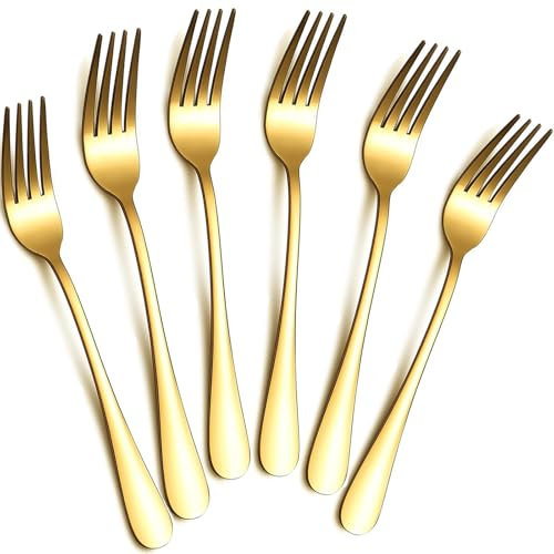tiokin Dinner Forks Set,8 Inches Set of 6 Gold Food Grade Stainless Steel Silverware Forks,Table Forks,Flatware Forks,Mirror Finish Dishwasher Safe,Use for Home,Kitchen or Restaurant