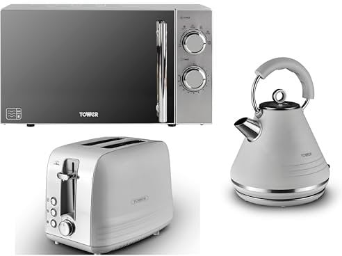 Tower Ash Grey 1.7L 3KW Pyramid Kettle, 2 Slice Toaster & Infinity Silver 800W 20L Microwave. Contemporary Design Matching Kettle, Toaster & Microwave Set