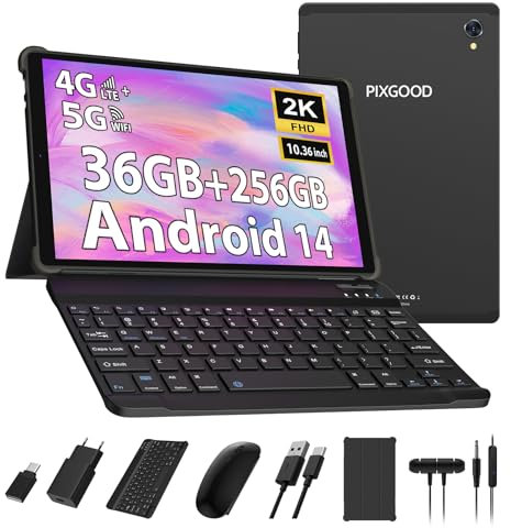 PIXGOOD 2K Tablette 10,4 Pouces, 4G LTE+5G WiFi, Android 14 Tabletta PC, 36GB RAM+256GB ROM (2TB TF), Octa-Core 2.0 GHz, 2000 * 1200, 8000mAh, 13MP+8MP, GPS, Tablette avec Clavier ect (Noir)