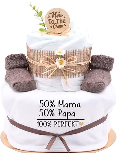 Trend Mama | Windeltorte | Nature Design | Lätzchen, Kuschelsocken |Geschenk Geburt (Design| 50% Mama,50% Papa,100% Perfekt)