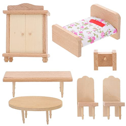 VICASKY 1satz Möbel Set Mit Bett Kleiderschrank Tisch Und Stühlen Miniatur Spielzeug Teiliges Schlafzimmer Zubehör Für Puppenhäuser