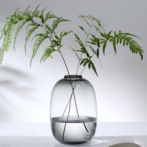 Virlwere, Glasvase, groß, grau, oval, mundgeblasen, 25,4 cm, Glasvase für Heimdekoration, moderner Tafelaufsatz, einzigartiges Geschenk (Grau, groß)