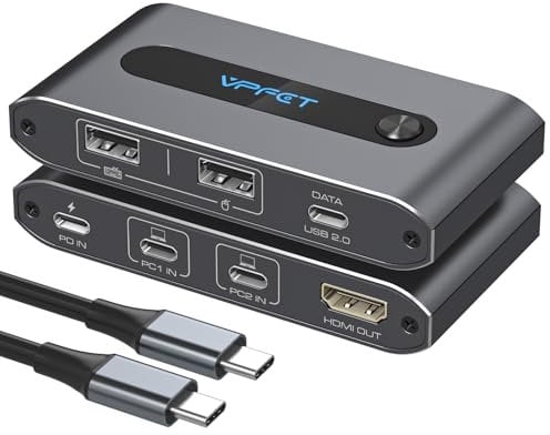 USB C KVM Switch 1 Monitore 2 Computer 4K@60Hz KVM-Switches für 2 Computer Sharing 1 Monitor Tastatur Maus 3 USB2.0 Port Unterstützung bis zu 100W Aufladen
