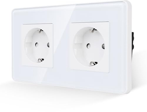 JIMEIDA Enchufe doble blanco, placa de cristal curvado 2,5D, 16 A, enchufe Schuko, empotrado, enchufe de pared, enchufes de superficie, 157 x 86 mm, 250 V