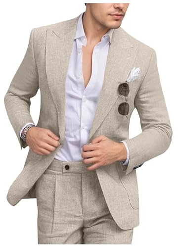 Fesenbo Mens Casual Suits Beige Linen Suit Slim Fit 2 Piece Lightweight Jacket and Dress Pants Set Groomsmen Suit for Wedding M