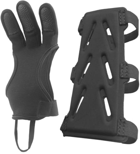 MAGARROW Traditionelle Bogenschießen Schießen Handschuh 3 Finger Schutz Handschuh und Bogenschießen Armschutz mit verstellbarem Riemen, für Kinder Jugend Erwachsene Anfänger Schießen Ziel Übung (M)