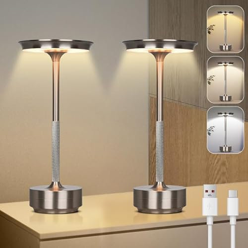 Rosnek Tischlampe Kabellose LED, 3 Farbtemperaturen Stufenlos Dimmbare Akku Tischleuchte, Touch Lampe mit USB-C, Silber Stylische Tischlampe Akku für Innen & Außenbereich, Metall Tischleuchte 2er-Set