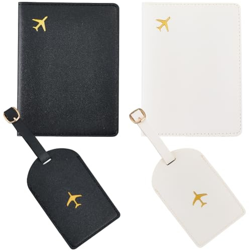 CALFOVERA 2 set di Custodie per Passaporti In Pelle PU Mr e Mrs Etichette per Bagagli Set di Porta Carte Da Viaggio per Aereo Luna di Custodia Protettiva Etichette Identificative Da Viaggio
