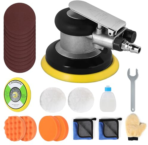 SWAWIS Druckluft Exzenterschleifer 125mm, Leerlaufdrehzahl 12000RPM | Exzenterhub5 mm, Mini Druckluftschleifer mit Schleifpapier, Poliermaschine zum Schleifen & Polieren von Autos Holz und Metall