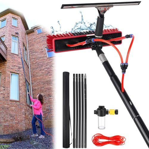 YFSMBD 3-20 Meter Teleskop Waschbürste mit Wasseranschluss | mit Abzieher und Seifenspender | Reinigungsbürste ausziehbar aus Aluminium für PV Anlagen, Fenster, Wohnmobil UVM (55cm Bürste,15m)