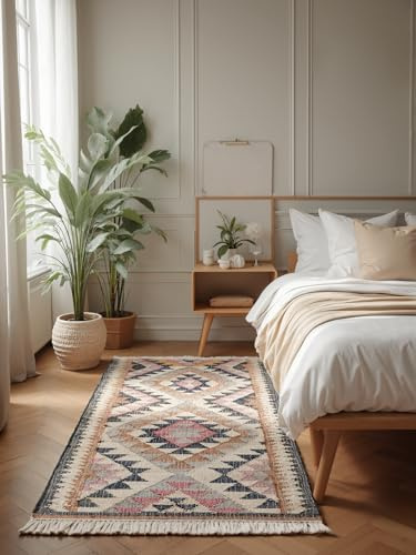 Elle Decoration Afghan Kelim Läufer Parsa - Bunter Traditioneller Teppich, Handgewebt, Jute & Baumwolle mit Fransen für Wohnzimmer, Schlafzimmer, Flur - Creme Multifarben, 80x200 cm