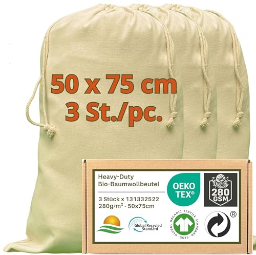 WIESEN.design Wäschebeutel - 280 g/m² OEKO-TEX® zertifizierte Heavy-Duty Baumwolle für langlebige, professionelle Anwendungen, 50x75 cm - 3 St. Wäschesack Reise, Wäschesack Baumwolle, Wäschetasche