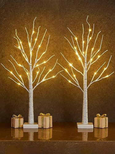 2x 60cm Artificial Mini Christmas Trees with Colour Select Lights - 2ft Indoor Battery Operated LED Green Xmas Tree - Jute Hessian Base Bag 60cm 2 Pack Trees (White Birch Twigs)