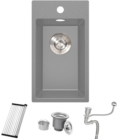 Bokaiya Fregadero Granito Gris 28x50cm, Cocina 1 Seno Sobre Encimera al Mueble 30cm, Minilavabo de Cocina para Exteriores, para RV, con Rebosadero, Rejilla Enrollable y Sifón