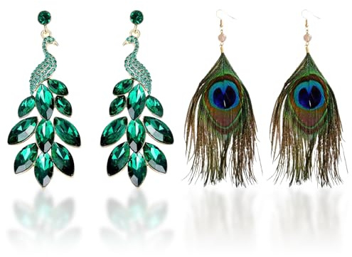 2 Paar Lange Boho Ohrringe Damen Set - Vintage Schmuck Hängend, Ethno Hippie Statement Ohrringe mit Pfauenfeder & Strass, Blau Grün Accessoires für Festival Party Urlaub Earrings Peacock
