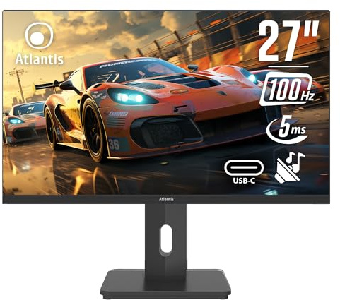 Atlantis Monitor 27” IPS Full HD 100Hz con docking USB-C e LAN | HDMI, LAN Gigabit, 2 USB 3.0, audio, multimediale, inclinabile, 5 ms, cavo HDMI 1,5 m, cod. A05-HX27IFD-HCM