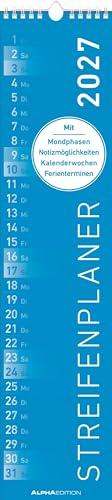 Streifenplaner BLAU 2027: schmaler Wandkalender 11,3x49,5 cm mit farblich markierten Wochenenden, Feiertagen & Mondphasen, ideal für Haushalt, Familie & Büro