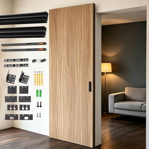 Binario per Porta Scorrevole Kit Ferramenta a Scomparsa per Porte Scorrevoli a Vista con Chiusura Ammortizzata, Sistema di Guide Invisibili per Armadi(61in(154.9cm))
