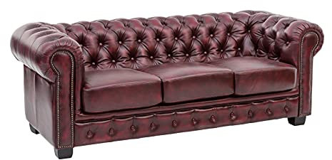 Woodkings® Chesterfield Sofa 3-Sitzer Vintage Echtleder Couch Bürosofa Polstermöbel 3 Sitzer antik Designsofa Federkern Unikat Herrenzimmer englisches Leder Stilsofa Clubsofa (antik rot)