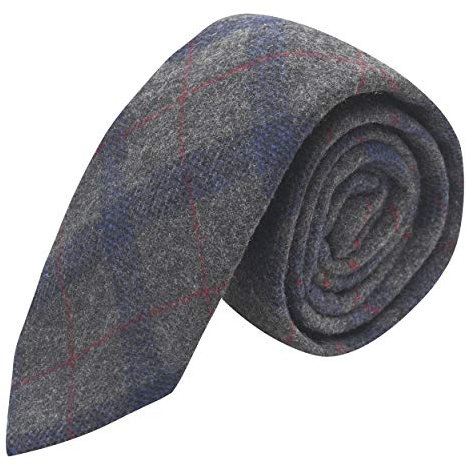 Cravate à carreaux gris et bleu, tweed, tartan, carreaux