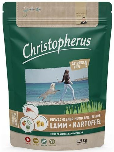 Christopherus Light Grainfree, Vollnahrung für ausgewachsene Hunde mit Übergewicht oder geringer Aktivität, Trockenfutter, Lamm + Kartoffel, Krokettengröße ca. 1 cm, Ausgewachsener Hund, 1,5 kg