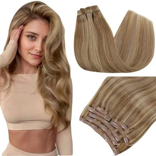 RUNATURE Clip Extensions Echthaar Braun Hervorheben Blond 50cm Clip in Extensions Echthaar Dunkelblond Mit Goldblond Extensions Echthaar Clip Echte Haare 7Pcs 120g #10P16