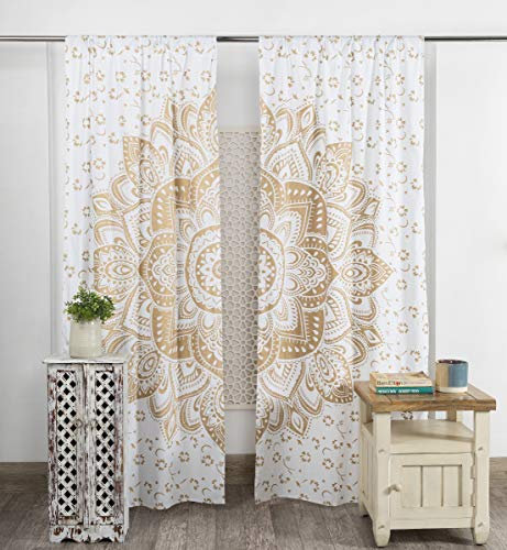 Popular Handicrafts Bedruckte Vorhänge, Set mit 2 Stück, indisches Hippie-, Bohemian-Stil, schöne Ombré-Farbe, Mandala-Vorhangpaneele, Weißgold