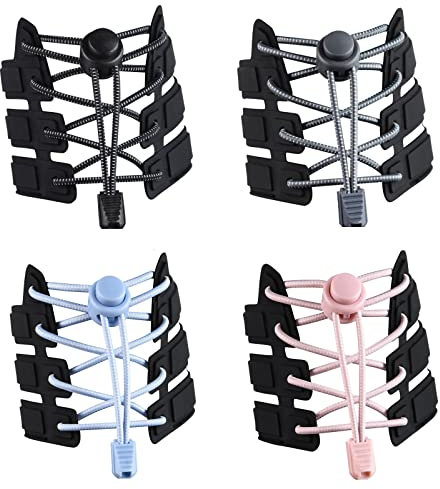 flintronic 4 Pares Cordones Elásticos para Zapatillas,Cordones Ajustables 120cm, Sin Cordones,con Cierre Fuerte de Adultos y Niños,Cordones Elasticos para Zapatillas-Negro+Gris+Azul+Rosa