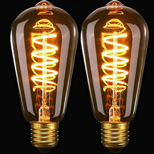 FASUTY Vintage Edison Light Bulb Dimmable ST64 Spiral Flexible LED Filament Bulbs,CRI>95 Decorative Bulbs Amber Glass Warm White 2200K,No Flicker Retro E27 Screw Bulb 4W 40W Equivalent -2 Pack